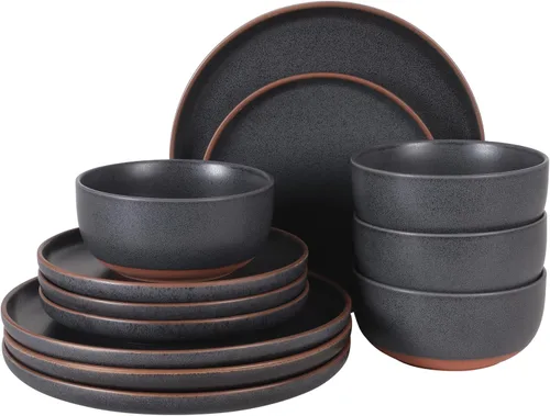 Miniatura 9 de Gibson Elite Winchester Way - Juego de vajilla de gres en relieve de 12 piezas, esmalte mate reactivo, platos y cuencos duraderos Lightweight-Tech