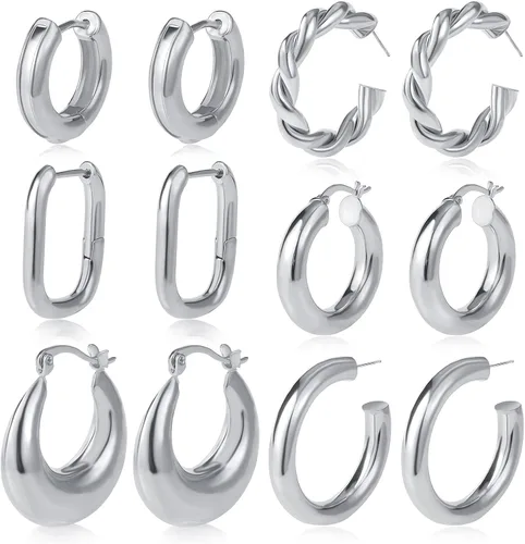 6 Pairs Chunky Gold Hoop Earrings Set for Women 14K Gold Plated Hypoallergenic Thick Open Huggie Hoop Set Jewelry for Gifts