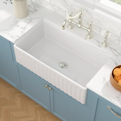 Miniatura 23 de Sarlai - Fregadero de cocina de granja blanco de 33 pulgadas, fregadero de 84 x 51 cm con delantal frontal de cerámica de porcelana vítrea