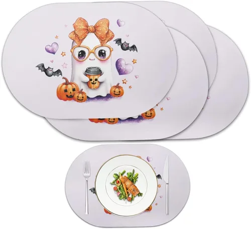 Miniatura 21 de Pumpkin Placemats Set of 4 Ghost Non Slip Washable Heat Resistant Place Mats 12x18 Inch Round Tablemats for Dining Kitchen Party Daily Table Decor