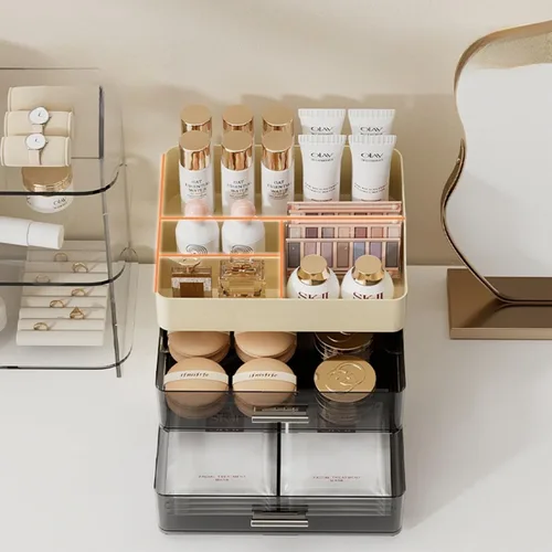 Miniatura 5 de Organizador de maquillaje para tocador, organizador de tocador con 2 cajones, organizadores de maquillaje y cuidado de la piel, vitrina de Crema