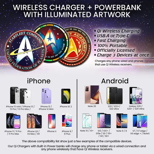 Miniatura 6 de Cargador Inalámbrico Iluminado Star Trek con Paquete de Batería de Respaldo Integrado para Carga Alámbrica y Sin Alambres – Cargador de Teléfono