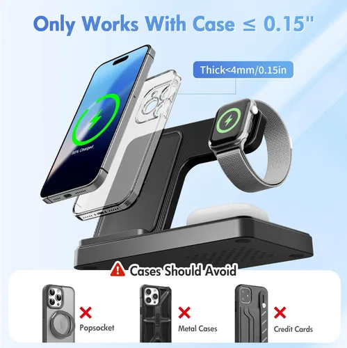 Miniatura 5 de Estación de carga inalámbrica para dispositivos Apple: 3 en 1 plegable Qi compacto soporte de carga compatible con fundas para iPhone 17-12 y Apple