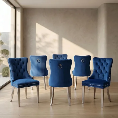Miniatura 20 de Juego de 2 sillas de comedor de terciopelo, sillas de comedor copetudas de mediados de siglo con anillo trasero de cabeza de clavo, patas de metal