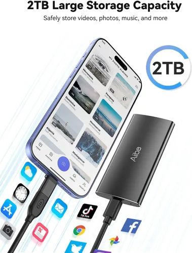 Miniatura 4 de Aiibe SSD externo de 2 TB USB C SSD portátil USB 3.2 Gen 2, hasta 1050 MB/s, disco duro externo de 2 TB Unidad de estado sólido externa para iPhone