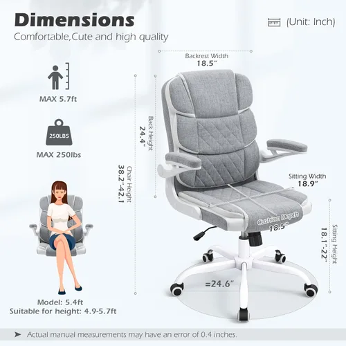 Miniatura 2 de SEATZONE Silla de escritorio de oficina cómoda con reposabrazos abatibles, cómoda silla de escritorio ejecutiva de lino con respaldo medio, altura