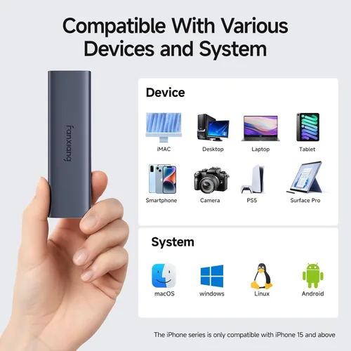 Miniatura 7 de fanxiang SSD externo de 500 GB, unidad de estado sólido portátil SSD, 1000 MB/s, USB 3.2 Gen2 tipo C, aleación de aluminio, disco duro externo