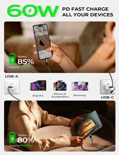 Miniatura 5 de Cable AINOPE USB C a USB C, Cable USB C de 1.8 m de Carga Rápida con Adaptador USB a USB C, Cable USB a USBC de 60W para iPhone 17 Pro Max Air, Negro