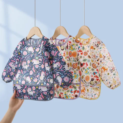 Miniatura 7 de Juego de 5 baberos impermeables de manga larga con bolsillo para niños pequeños de 6 a 30 meses