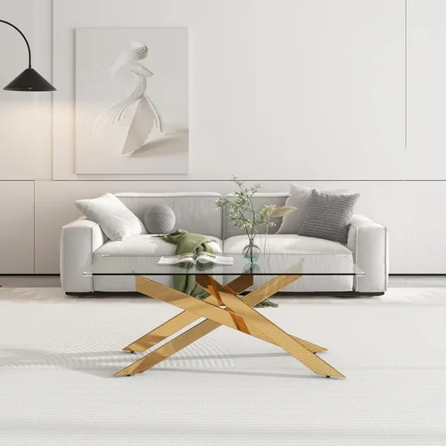 Miniatura 3 de Mesa de centro rectangular moderna de cristal, mesa central de vidrio templado y patas de metal chapado en oro para sala de estar, oficina en casa