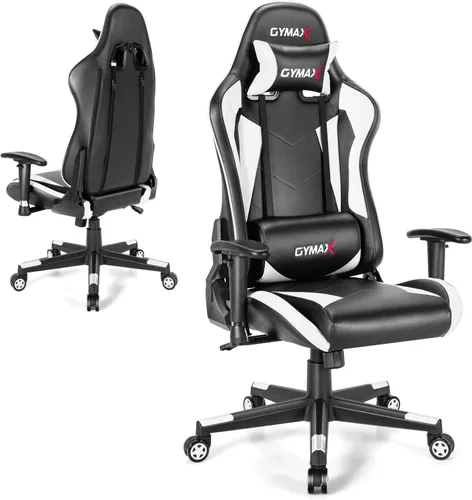 GYMAX Silla de juegos de computadora, silla de oficina de estilo carreras con reposacabezas de soporte lumbar ajustable, giratorio de 360°, silla