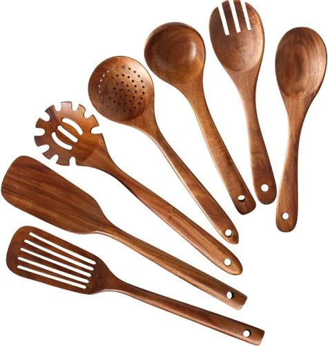 Miniatura 8 de Juego de 6 utensilios de cocina de madera con soporte, utensilios de cocina de teca natural, resistentes al calor, antiadherentes, con agujero