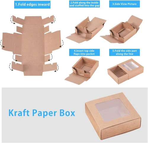 Miniatura 4 de BENECREAT Paquete de 20 cajas cuadradas de papel kraft de 3.5 x 3.5 x 1.2 pulgadas, caja de cajón con tapa de ventana de PVC para fiesta de Marrón