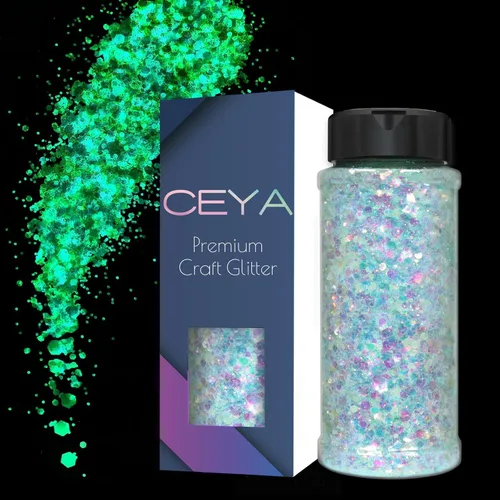 Ceya Brillantina que brilla en la oscuridad, 3.3 onzas/3.35 oz, color azul cielo, mezcla de purpurina gruesa, copos de polvo fino, lentejuelas