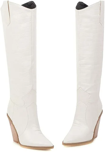 Miniatura 3 de HENWERD - Botas de tacón grueso hasta la rodilla para mujer, cómodas botas vaqueras occidentales con punta puntiaguda