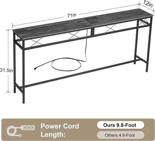 Miniatura 3 de VECELO Mesa de consola angosta extra larga de 71 pulgadas con estación de carga, toma de corriente y puertos USB, para entrada, sala de estar, Gris