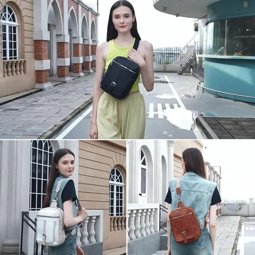 Miniatura 2 de Bolso Bandolera Mochila Cruzada - 2 en 1 Bolso Cruzado de Cuero Riñonera con 2 Correas Extraíbles Mini diaper bag Café