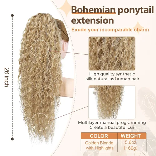 Miniatura 2 de Flufymooz Extensión de cola de caballo, 26 pulgadas, estilo bohemio, con cordón, extensiones de cabello para mujer, cola de caballo larga, rizada