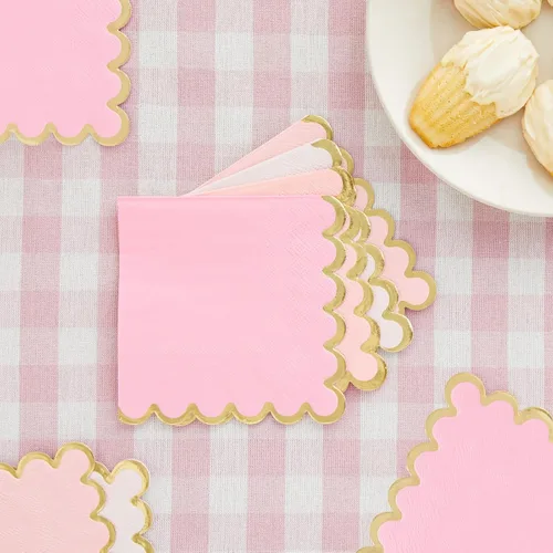 Miniatura 3 de Sparkle and Bash Servilletas de cóctel rosadas de 5 x 5 pulgadas, 100 unidades, 3 capas festoneadas, rosa y dorado, servilletas para bebés