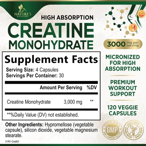 Miniatura 2 de Monohidrato de creatina 3000 mg por porción - Cápsulas de creatina en polvo micronizado - Apoya el músculo magro, la fuerza, la energía