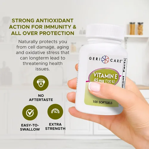 Miniatura 4 de GeriCare Cápsulas de vitamina E de alta potencia – 100 UI para la piel y el apoyo inmunológico, 45 mg 100 unidades Vitamina E orgánica