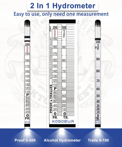 Miniatura 6 de Kit de medidor de alcohol hidrómetro, hidrómetro de alcohol 0-200 a prueba y Tralle, probador de alcohol para licor, hidrómetro de alcohol para luz