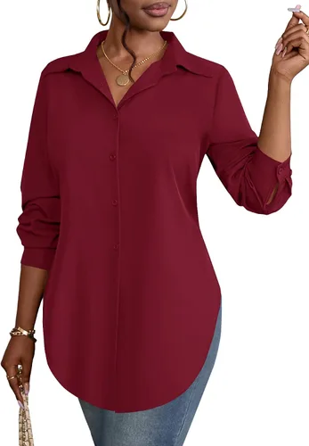 Miniatura 40 de Rooscier Blusa larga con cuello en V para mujer, manga larga, abertura lateral, con botones