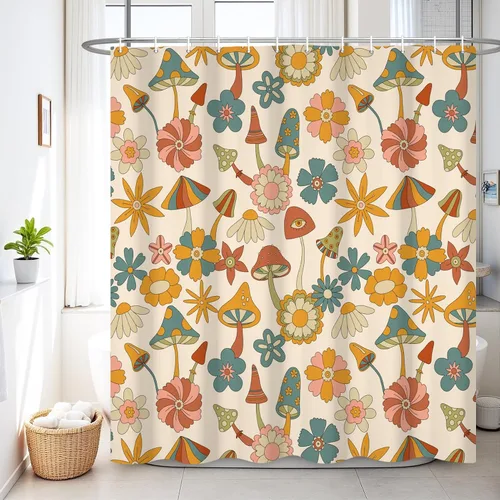 Miniatura 10 de Renaiss Juego de cortinas de ducha de 60 x 72 pulgadas, diseño de hongos bohemios, retro de los años 70, flores naranjas florales, divertidas