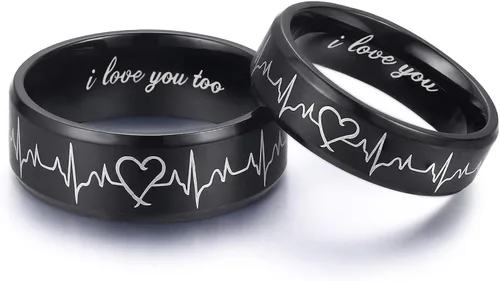 Lavumo - Anillos de acero inoxidable a juego para promesa de boda de parejas diseño con grabado de latidos del corazón y leyenda I love you ajuste