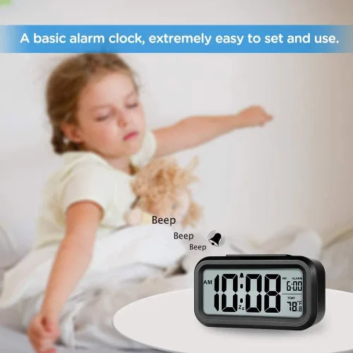 Miniatura 3 de Lesipee Reloj despertador digital, reloj para dormitorio, reloj de escritorio, funciona con pilas, reloj digital con luz nocturna inteligente, Negro