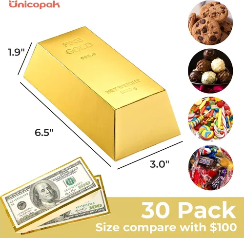 Miniatura 2 de UnicoPak Paquete de 30 cajas de regalo de fiesta de barra dorada, cajas de regalo doradas de papel de aluminio simulado, cajas de dulces decoradas