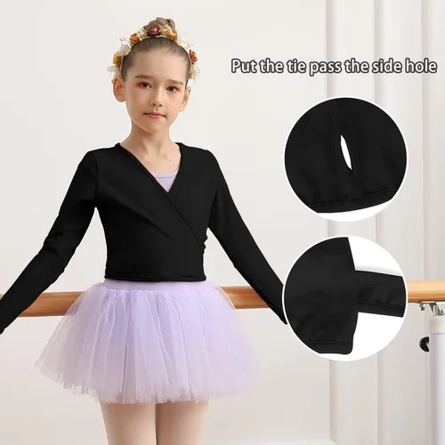 Miniatura 2 de MOLLDAN Cárdigan cruzado de ballet para niñas, manga larga, cárdigan de baile para niños pequeños, lazo para la cintura