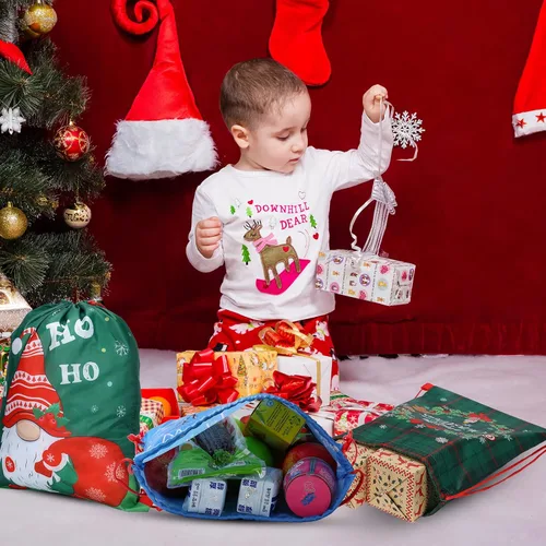 Miniatura 5 de Xuniea 12 bolsas de recuerdos de fiesta de Navidad para niños, mochila con cordón de Papá Noel, golosinas de Papá Noel, bolsas de regalo, regalos