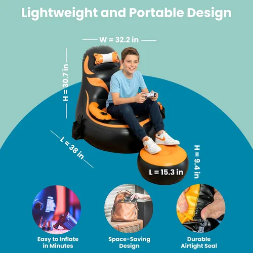 Miniatura 2 de Silla inflable para juegos para niños, soporta hasta 300 libras, incluye bomba de aire, soporte para tazas, 2 bolsillos, asiento de puf duradero