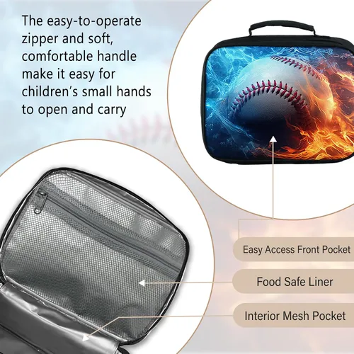 Miniatura 6 de Lonchera para niños, con aislamiento de béisbol, para niños, adolescentes, niños y niñas, con bolsillo con cremallera, bolsa de almuerzo portátil