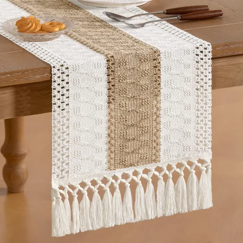 Miniatura 4 de Socomi Camino de mesa bohemio de verano rústico para comedor, cocina, centro de mesa, decoración pequeña de macramé de algodón y lino, camino