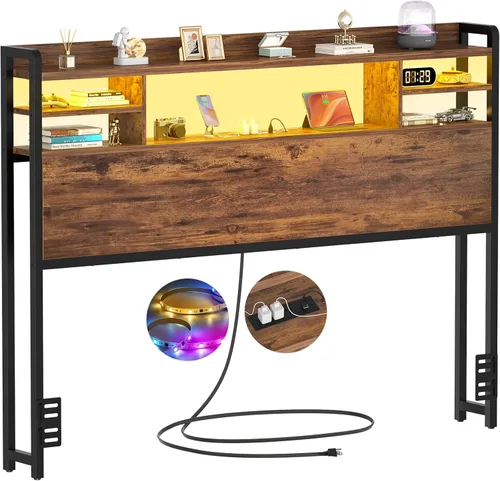 Miniatura 18 de Aheaplus Cabecero para cama de tamaño individual con almacenamiento, cabeceros con luz LED, tomas de corriente, puertos USB, tamaño individual