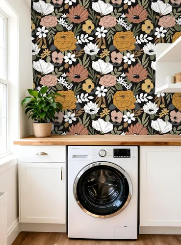 Miniatura 6 de HAOKHOME Papel pintado vintage grande floral de despegar y pegar, extraíble, hojas de margarita, negro/arena/oliva, vinilo autoadhesivo, mural, 17.7