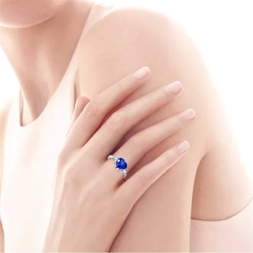Miniatura 5 de BONLAVIE Anillo de compromiso de plata de ley 925 para mujer, 2.25 quilates, creado con zafiro azul, talla esmeralda verde, anillo de compromiso