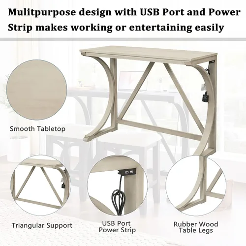 Miniatura 2 de Merax Farmhouse - Juego de mesa de comedor de 3 piezas con puerto USB y 2 taburetes tapizados, color crema