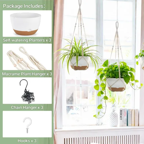 Miniatura 7 de Mkono Juego de macetas colgantes de 3 a 10 pulgadas para plantas de interior con riego automático, maceta colgante al aire libre con colgadores