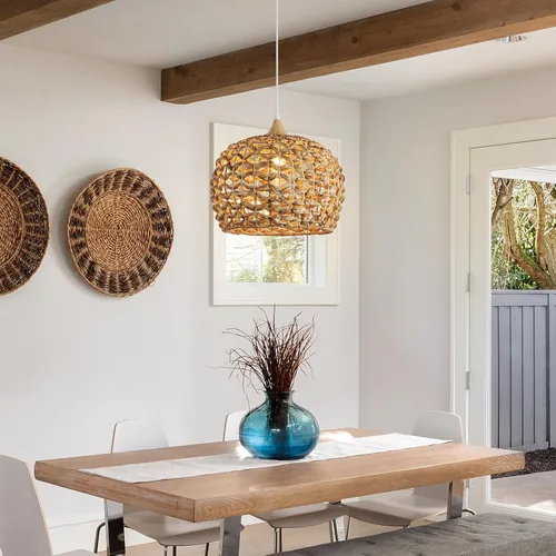 Miniatura 7 de Luces Colgantes Bohemias, Candelabro de Ratán de 1 Luz de 15.7", Luz Colgante de Mimbre Tejida a Mano con Pantalla de Jacinto de Agua, Luz Colgante