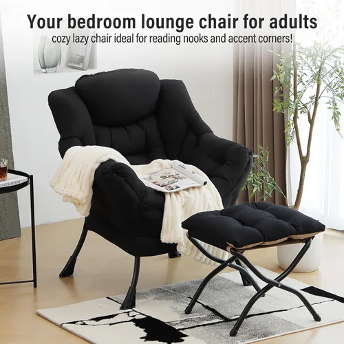 Miniatura 3 de Furlide Silla Perezosa Moderna con Reposapiés Plegable, Sillón de Descanso y Cómoda Silla de Lectura (Negro)