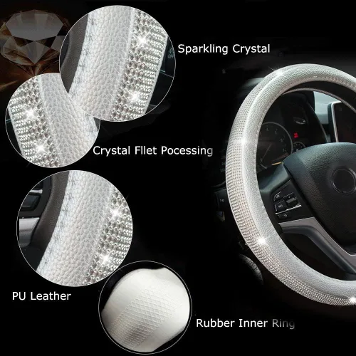 Miniatura 4 de Nueva funda de volante de cuero con diamantes de imitación y cristales brillantes, protector de rueda de auto de 15 pulgadas de ajuste universal
