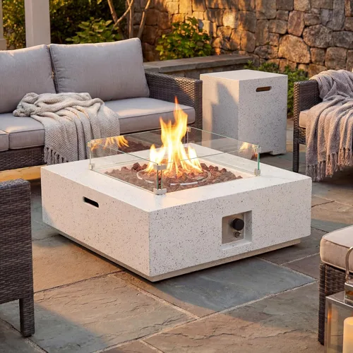 Miniatura 2 de COSIEST mesa de fogata a propano para exteriores de 35 pulgadas cuadrada de arenisca con protector contra el viento y mesa lateral, certificada