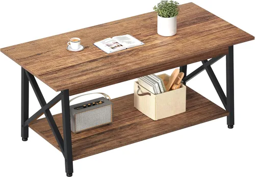 GreenForest - Mesa de centro industrial patas de metal con estante de almacenamiento para sala de estar, fácil montaje, nogal