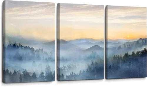 Miniatura 15 de Decoración de pared para dormitorio, 3 paneles, estampado de bosque brumoso con salida del sol, arte de pared para sala de estar, baño, lienzo