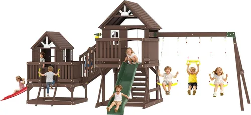 Miniatura 10 de Albott Juego de columpios de madera para niños, gran juego 11 en 1 para exteriores con casa de juegos, tobogán ondulado, 2 columpios y pared