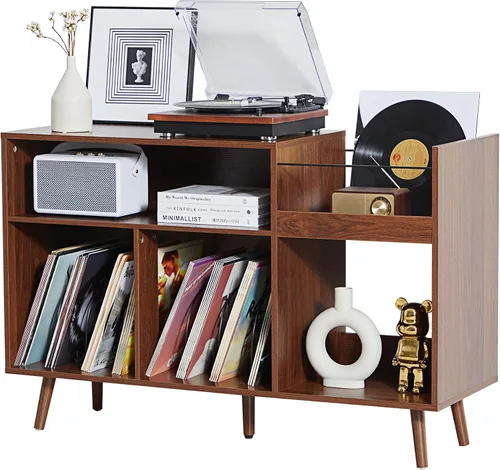 Soporte para tocadiscos de 45.3 pulgadas con almacenamiento de vinilo, mesa giratoria de madera con capacidad para hasta 350 álbumes, moderno