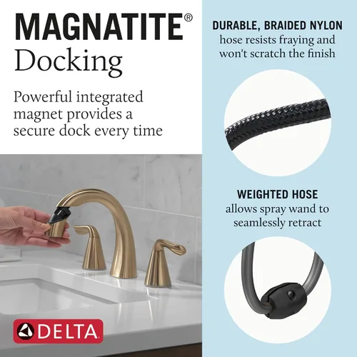 Miniatura 3 de Grifo de baño Delta Arvo de oro cepillado con rociador, grifo de lavabo de baño de 8 pulgadas y 3 orificios de instalación extendida con rociador